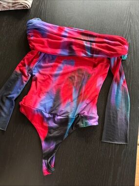 AFRM Kids Off-Shoulder One-Piece in Red, Purple & Blue Tie-Dye